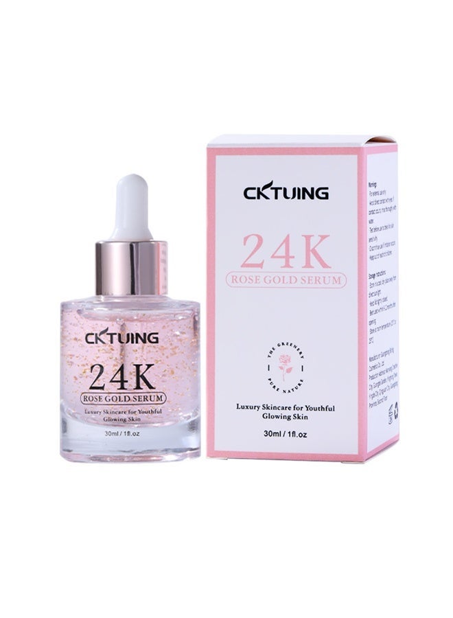 CKTUING 24K Rose Gold Face Serum with Gold Flakes, Hyaluronic Acid, Vitamin C & Niacinamide – Hydrating Anti-Aging Brightening Serum for Radiant Glow, Skin Firming & Moisturizing Care – 1 oz (30ml) - Image 1