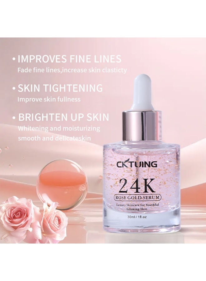 CKTUING 24K Rose Gold Face Serum with Gold Flakes, Hyaluronic Acid, Vitamin C & Niacinamide – Hydrating Anti-Aging Brightening Serum for Radiant Glow, Skin Firming & Moisturizing Care – 1 oz (30ml) - Image 3