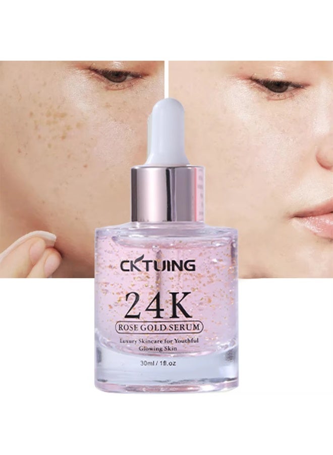 CKTUING 24K Rose Gold Face Serum with Gold Flakes, Hyaluronic Acid, Vitamin C & Niacinamide – Hydrating Anti-Aging Brightening Serum for Radiant Glow, Skin Firming & Moisturizing Care – 1 oz (30ml) - Image 2