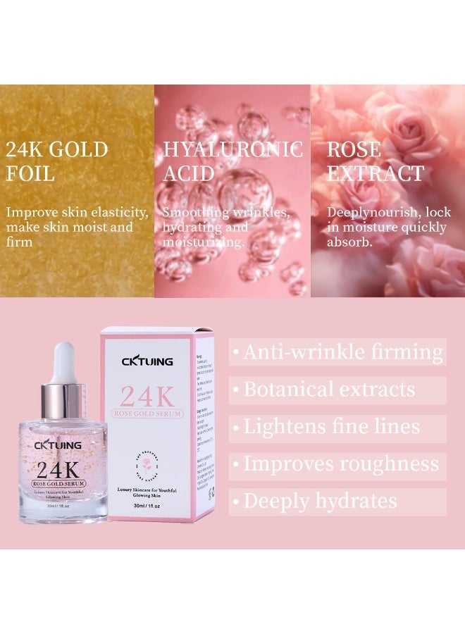 CKTUING 24K Rose Gold Face Serum with Gold Flakes, Hyaluronic Acid, Vitamin C & Niacinamide – Hydrating Anti-Aging Brightening Serum for Radiant Glow, Skin Firming & Moisturizing Care – 1 oz (30ml) - Image 5