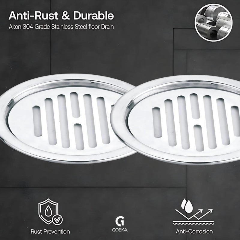 GOEKA Round Lock Grating Stainless Steel Lining SS 304 Floor Drain (5 INCH) Plain with Chrome Finish Water Drain Cover/Jali/Floor Trap/Grating for Bathroom & Kitchen (Pack of 2) - Image 3