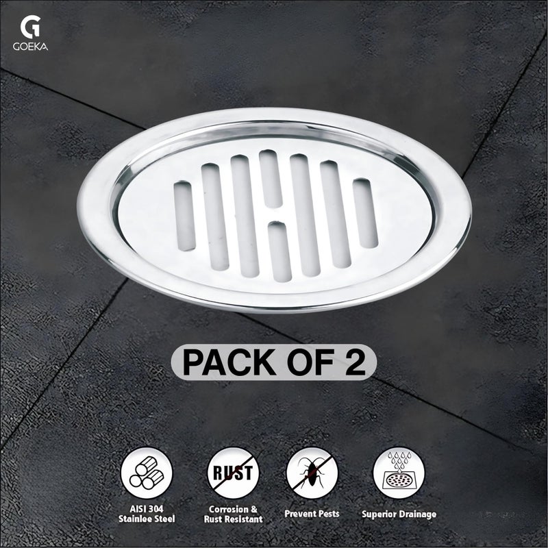 GOEKA Round Lock Grating Stainless Steel Lining SS 304 Floor Drain (5 INCH) Plain with Chrome Finish Water Drain Cover/Jali/Floor Trap/Grating for Bathroom & Kitchen (Pack of 2) - Image 2