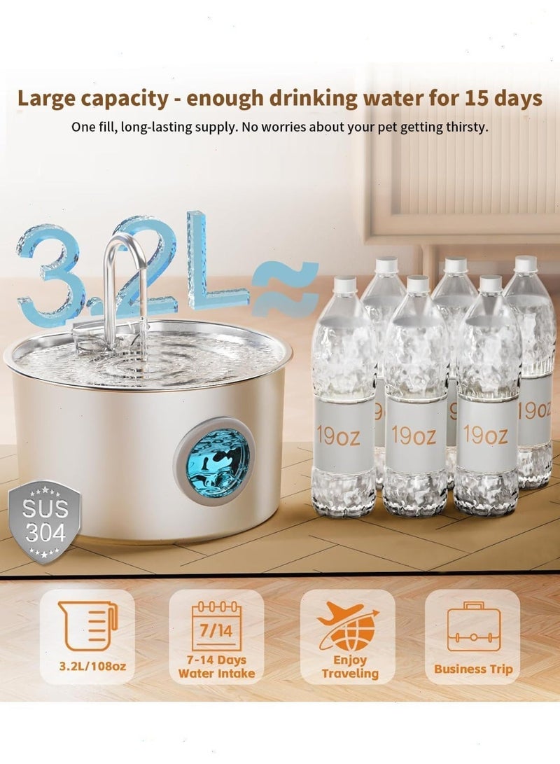 نافورة قطط,نافورة ماء للقطط، نافورة من الفولاذ المقاوم للصدأ مع فلتر مياه لشرب القطط، وعاء معدني سعة 108 أونصة/3.2 لتر - Image 4