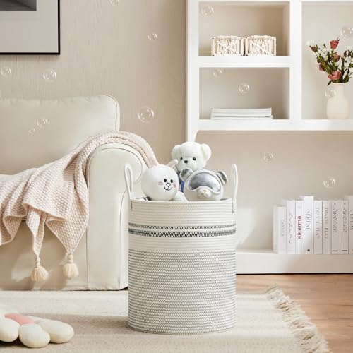 VIPOSCO Large Laundry Hamper, Tall Woven Rope Storage Basket for Blanket, Toys, Dirty Clothes in Living Room, Bathroom, Bedroom - 53L Stripe White - Image 2