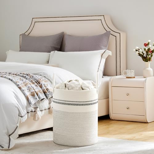 VIPOSCO Large Laundry Hamper, Tall Woven Rope Storage Basket for Blanket, Toys, Dirty Clothes in Living Room, Bathroom, Bedroom - 53L Stripe White - Image 4