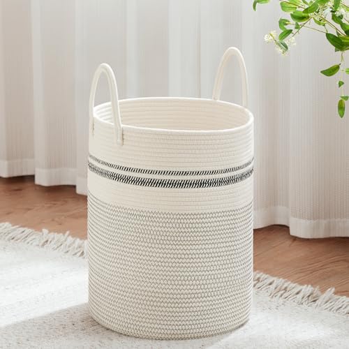 VIPOSCO Large Laundry Hamper, Tall Woven Rope Storage Basket for Blanket, Toys, Dirty Clothes in Living Room, Bathroom, Bedroom - 53L Stripe White - Image 1