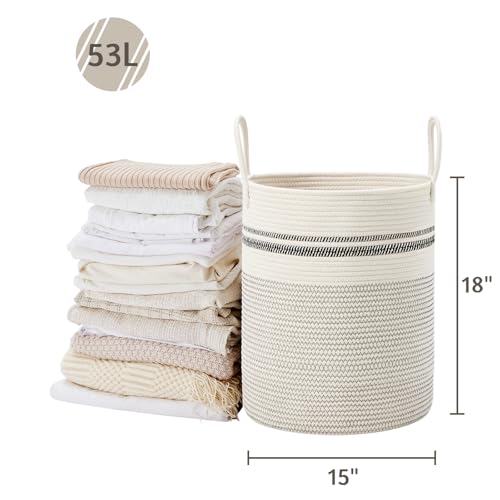 VIPOSCO Large Laundry Hamper, Tall Woven Rope Storage Basket for Blanket, Toys, Dirty Clothes in Living Room, Bathroom, Bedroom - 53L Stripe White - Image 5