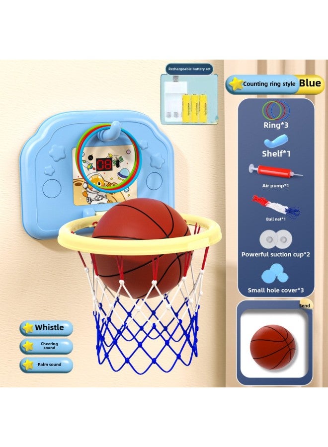 Children's Hanging Basketball Board Indoor And Outdoor Punch-Free Foldable Scoring Shooting Rings Kindergarten Basketball Toys-Color:[score Ring Rechargeable Battery Version] Blue Space Cat (free Basketball + 3 Rings + Pump + Suction Cup)-Diameter:1 Basketball  - Image 1