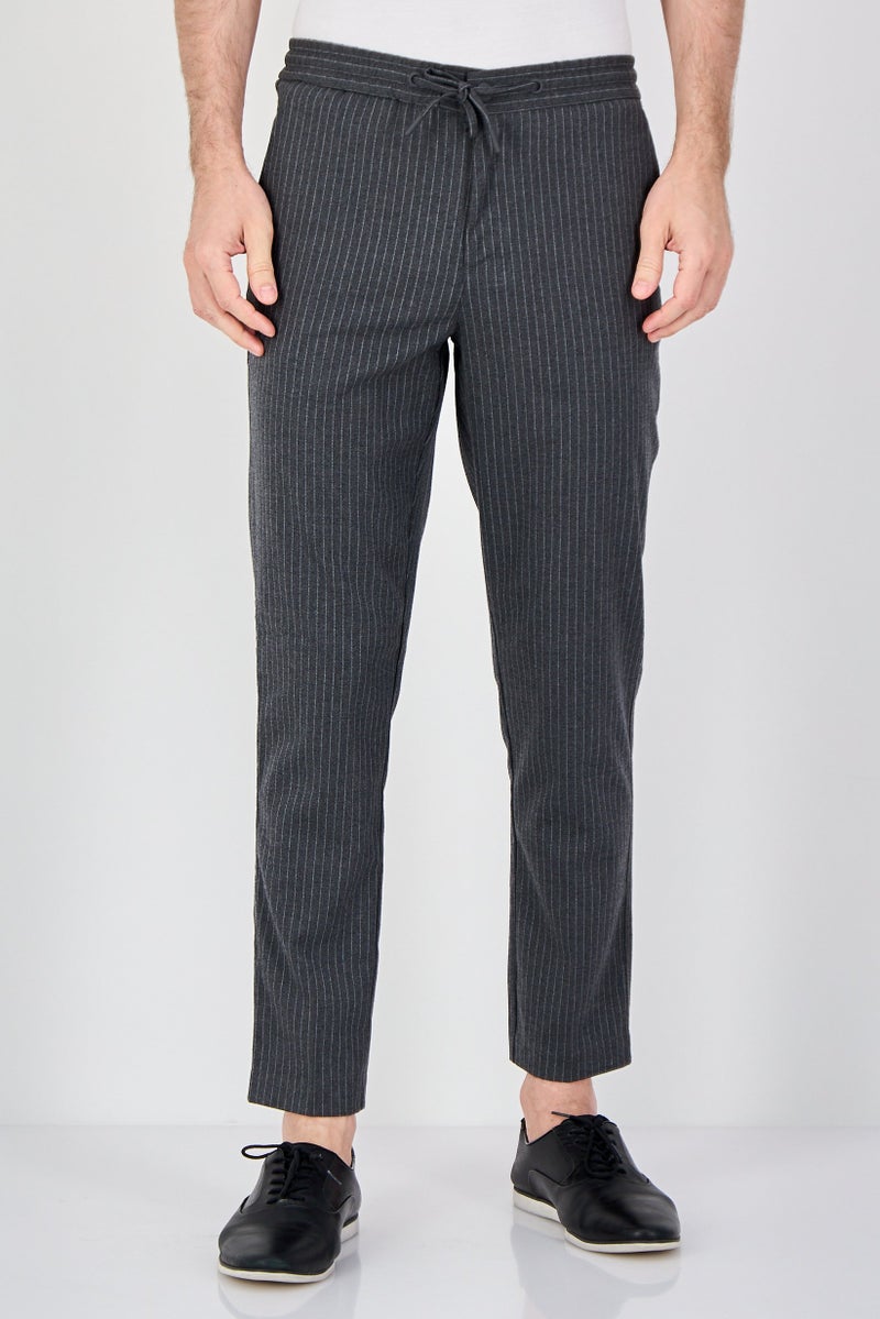 Celio Men Regular Fit Stripe Straight Leg Pants, Grey - Image 1
