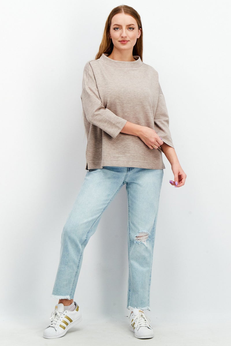 Tchibo Women Comfort Fit Crew Neck Heather Sweatshirt, Brown  - Image 3