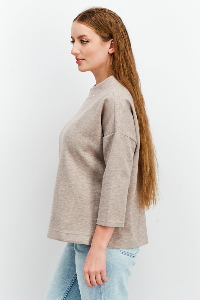 Tchibo Women Comfort Fit Crew Neck Heather Sweatshirt, Brown  - Image 4