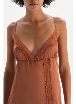 dagi Brown Slit Lace Detailed Satin Nightgown  - Image 5