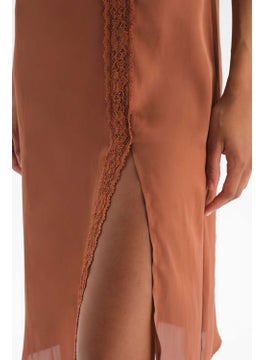 dagi Brown Slit Lace Detailed Satin Nightgown  - Image 4