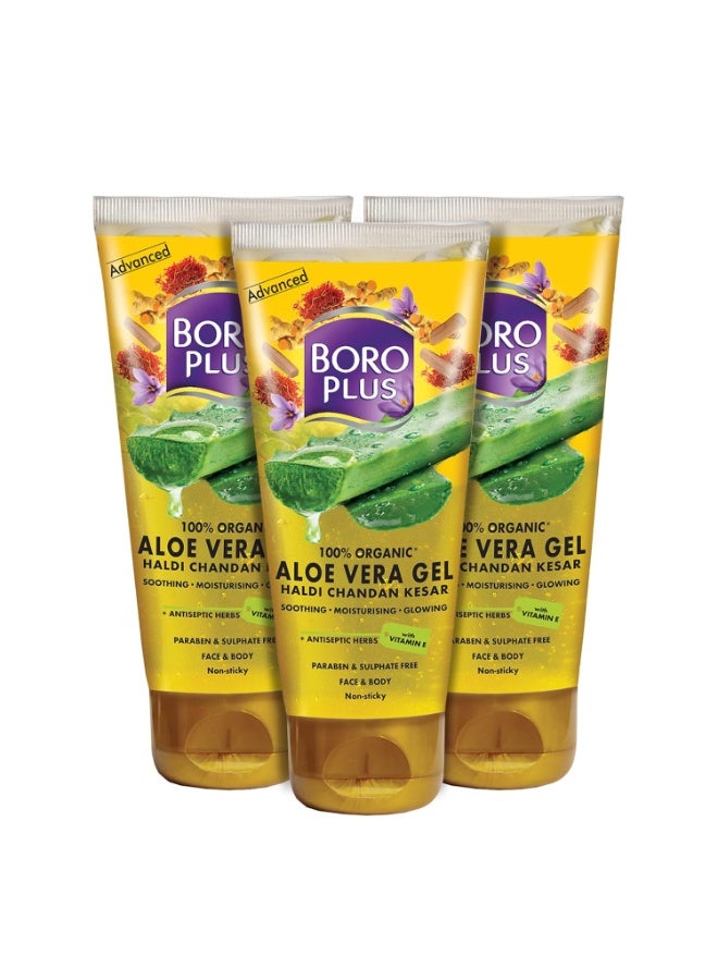 BOROPLUS Aloe Vera Gel with Haldi, Chandan & Kesar Rich in Vitamin E and Antiseptic Herbs Anti-ageing Free from Parabens, Silicones and Synthetic Dyes  (Pack of 3, 150ml) - Image 1
