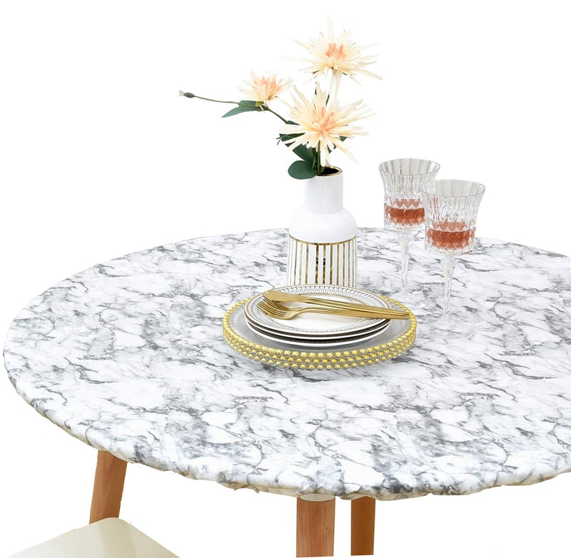Rally Home Goods Rally Home Goods Indoor Outdoor Patio Round Fitted Vinyl Tablecloth Flannel Backing Elastic Edge Waterproof Wipeable Plastic Cover White Marble Pattern for 10Seat Table of 5772 Diameter 