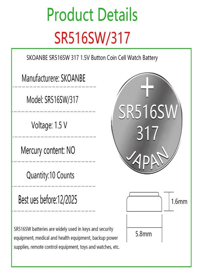 SKOANBE SR516SW 317 1.5V Button Coin Cell Silver Oxide Watch Battery（10-Packs） - Image 2