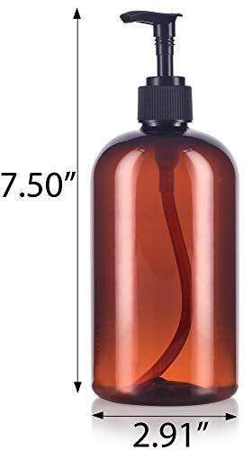 JUVITUS 16 oz Amber Boston Round PET Plastic Bottles with Black Lotion Pump (6 pack) - Image 2