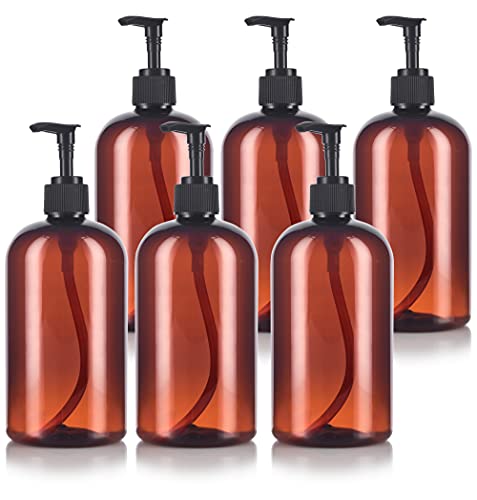 JUVITUS 16 oz Amber Boston Round PET Plastic Bottles with Black Lotion Pump (6 pack) - Image 1