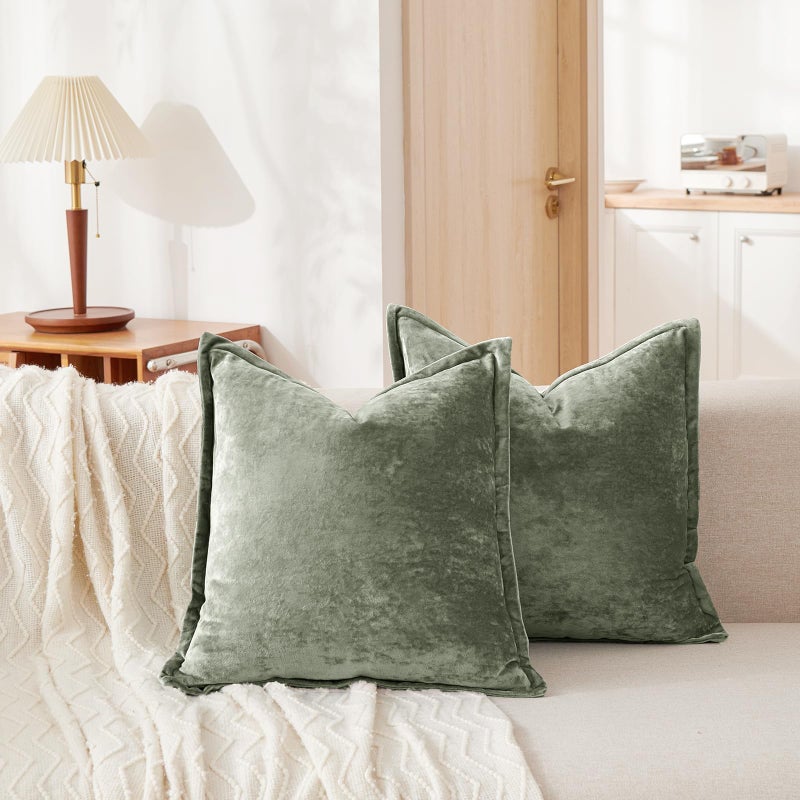 COCOPLOCEUS Luxurious Velvet Euro Shams Decorative Throw Pillow Covers 26x26 Set of 2 Solid Square Euro Pillow Shams for Sofa Couch Bedroom  Army Green - Image 1