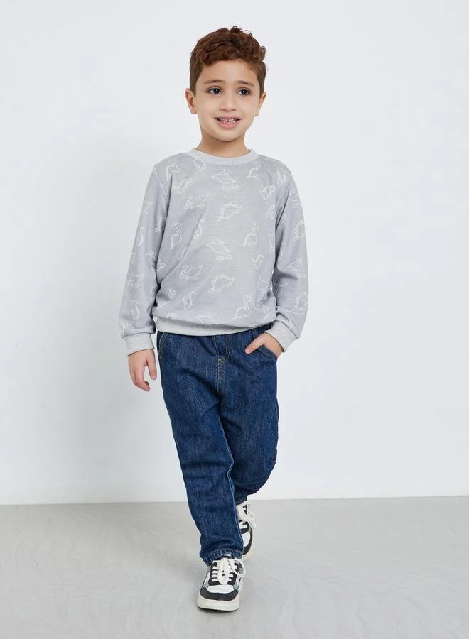 ستايلي سويت شيرت بأكمام طويلة بطباعة ديناصور