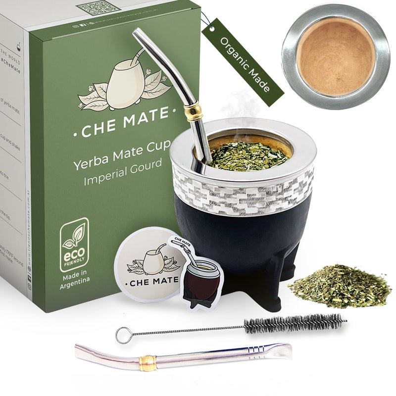 CHECK&MATE طقم كوب بومبيلا ييربا ماتي من الأرجنتين وأوروغواي الفاخر، كوب شاي عضوي من القرع مع مصاصة فولاذية (بومبيلا) وفرشاة تنظيف، مصنوع يدويًا لشاي ييربا ماتي ذو الأوراق السائبة - النسخة الإمبراطورية - Image 1