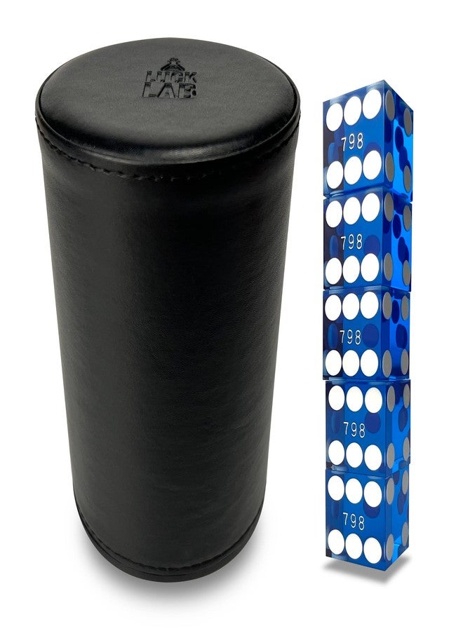 Luck Lab Black Leather Dice Stacking Cup with 5 Serialized Razor Edge 19 mm Casino Dice - Pro Straight Cup for Stacking and Magic Tricks (Blue Dice) - Image 1