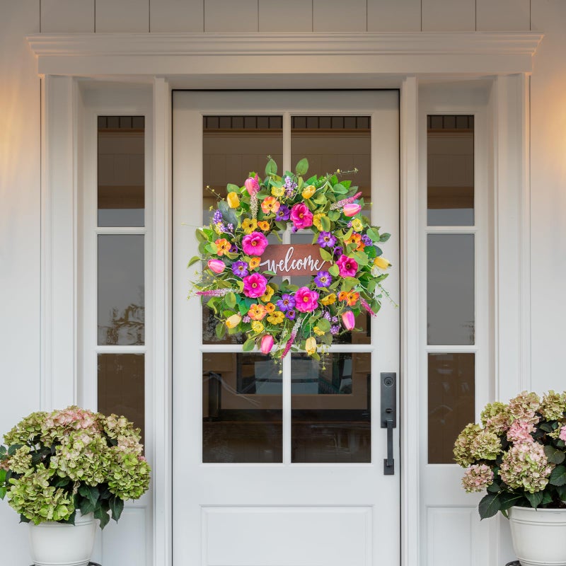 Pinkpuii Spring Wreaths for Front Door Outside â€“ 24 Inch Artificial Tulip & Wildflower Summer Wreath with Green Eucalyptus Leaves and Welcome Sign- Indoor Outdoor Farmhouse Home Porch Wall Decor - Image 5