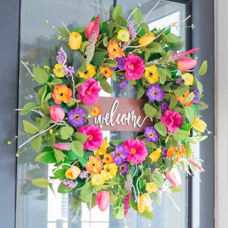 Pinkpuii Spring Wreaths for Front Door Outside â€“ 24 Inch Artificial Tulip & Wildflower Summer Wreath with Green Eucalyptus Leaves and Welcome Sign- Indoor Outdoor Farmhouse Home Porch Wall Decor - Image 2