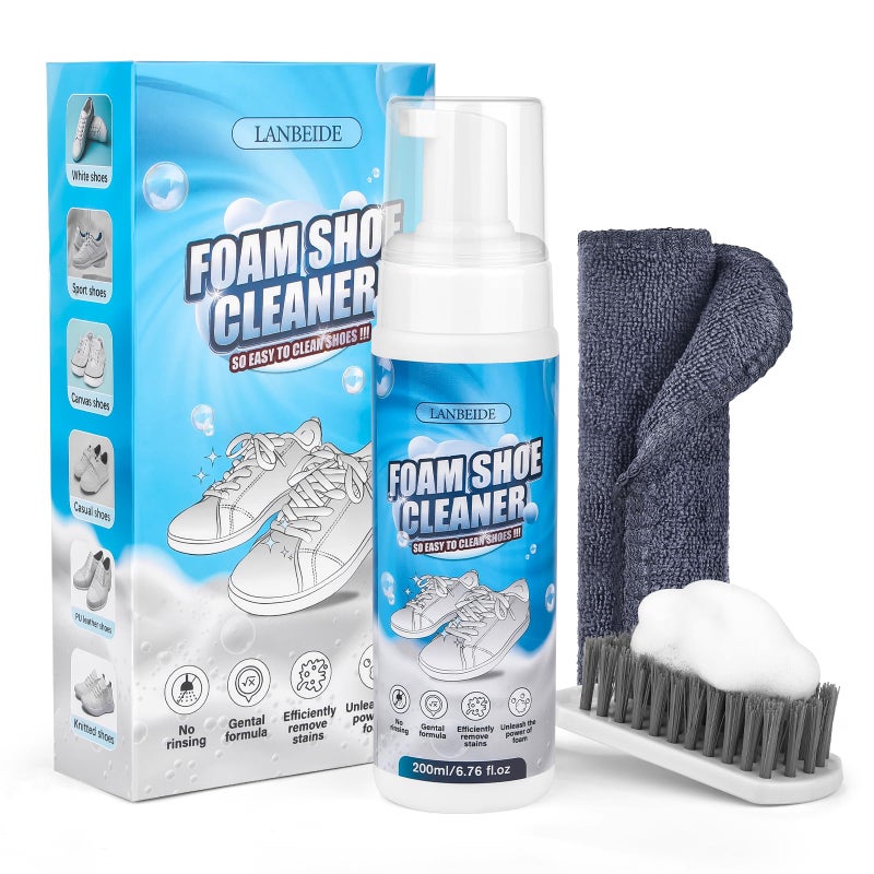 LANBEIDE Shoe Cleaner, Shoe Cleaning Kit-6.76 Oz Sneaker Cleaner with Brush and Towel, White Shoe Cleaner Works on Leather, Knit, Canvas, Suede, PU, Fabric, Boots - Image 1