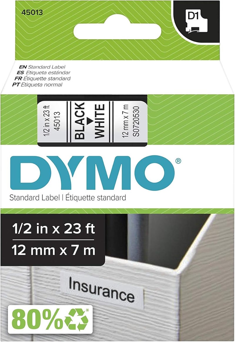 Dymo D1 Labels 1/2-Inch x 23-Foot Roll Black Print on White Self-Adhesive For LabelManager Label Makers - Image 1
