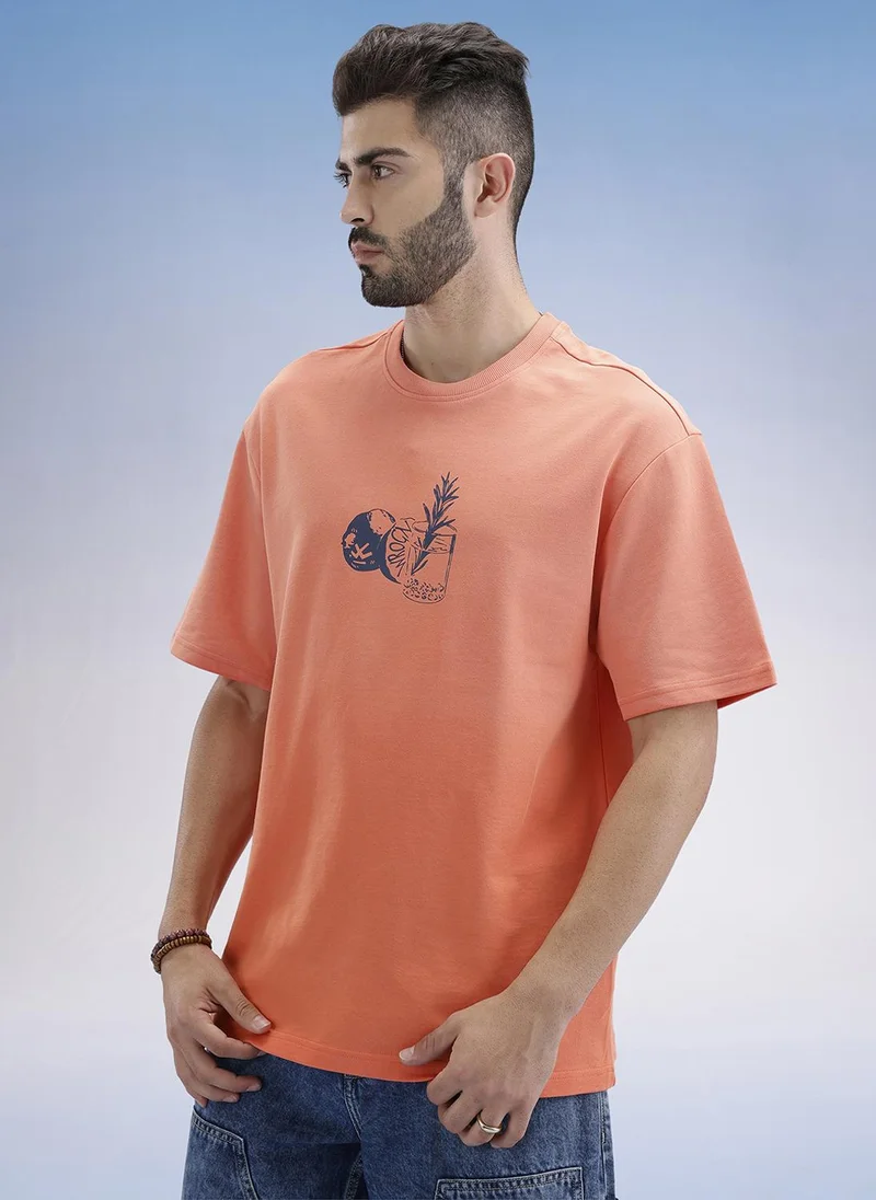 Wrogn Oversized Fit Front Printed T-Shirt | Peach