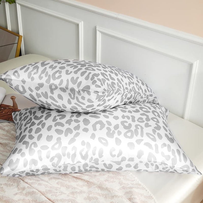 LCBD Satin Pillowcase للشعر والبشرة الرمادية النمر المطبوعة وسادة طباعة مجموعة من 2 كوين حجم وسادة الساتان الحرير الأغطية للنساء مع إغلاق المغلف - Image 3