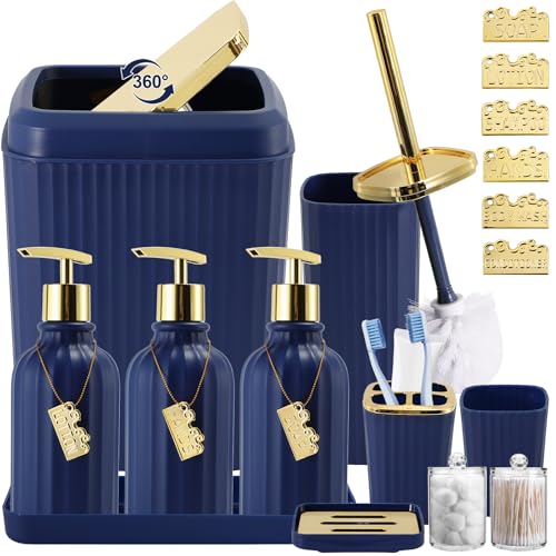 WSBArt 17PCS Bathroom Accessory Set Bathroom Set Navy Blue Bathroom AccessoriesToilet Brush Trash Can Qtip Holder Dispenser 3PCS Soap Dispenser - Image 1
