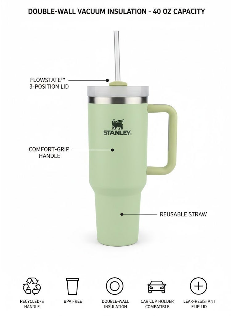 ستانلي كوب ستانلي كوينشر H2O فلوستيت المصنوع من الفولاذ المقاوم للصدأ بسعة 40 أونصة معزول بتفريغ الهواء، مزود بغطاء وماصة، مناسب للماء والشاي المثلج والقهوة والعصائر وغيرها، لون كريمي (أسود). - Image 2