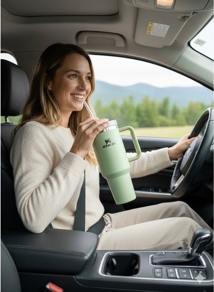 ستانلي كوب ستانلي كوينشر H2O فلوستيت المصنوع من الفولاذ المقاوم للصدأ بسعة 40 أونصة معزول بتفريغ الهواء، مزود بغطاء وماصة، مناسب للماء والشاي المثلج والقهوة والعصائر وغيرها، لون كريمي (أسود). - Image 3