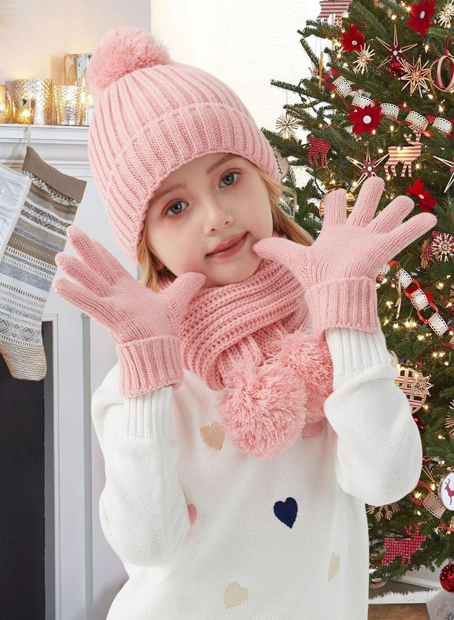 Havccdi Kids Winter Hat Scarf Gloves Set - Girls Boys Fleece Lined PomPom Beanie Hat Knit Scarf Warm Mittens for Child (Rose Pink, 9-15 Years) - Image 2