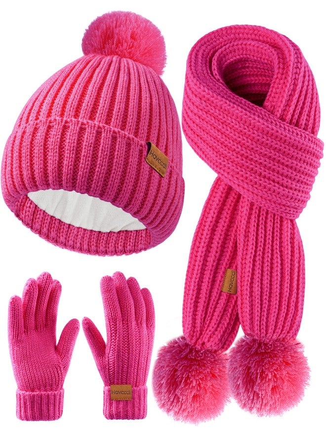 Havccdi Kids Winter Hat Scarf Gloves Set - Girls Boys Fleece Lined PomPom Beanie Hat Knit Scarf Warm Mittens for Child (Rose Pink, 9-15 Years) - Image 1