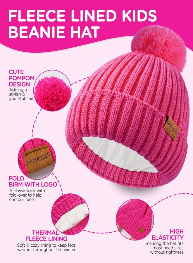 Havccdi Kids Winter Hat Scarf Gloves Set - Girls Boys Fleece Lined PomPom Beanie Hat Knit Scarf Warm Mittens for Child (Rose Pink, 9-15 Years) - Image 3