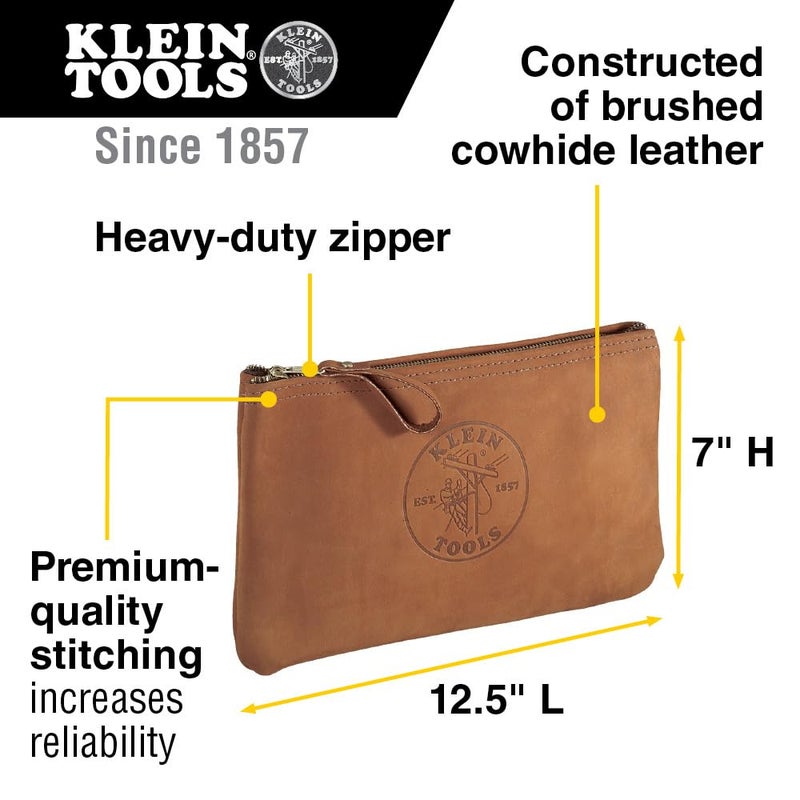 Klein Tools 5139L Zipper Bag, Top-Grain Leather Tool Pouch with Strong Zipper Close, 12-1/2-Inch, Brown - Image 2