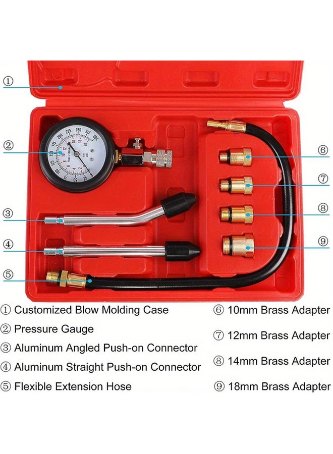 Red Engine Compression Tester Kit 0 300psi Automotive Motorcycle Cylinder Pressure Gauge with Adapters - Image 4
