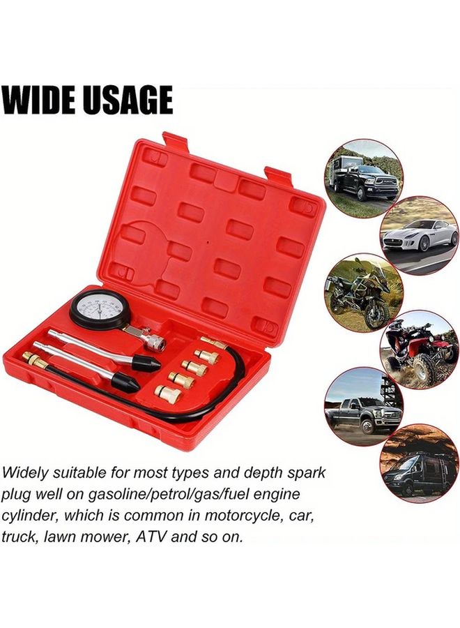 Red Engine Compression Tester Kit 0 300psi Automotive Motorcycle Cylinder Pressure Gauge with Adapters - Image 2