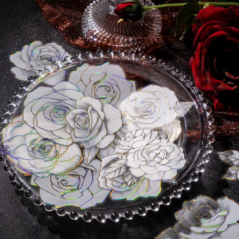 YOKSAS 120pcs White Flower Scrapbook Stickers Pack, Clear Floral PET Decals with Gold Foil Outline, Vintage Roses Lilies Daisies Peonies Sticker Set for Journaling, Planners, Cards Making, Crafts - Image 3