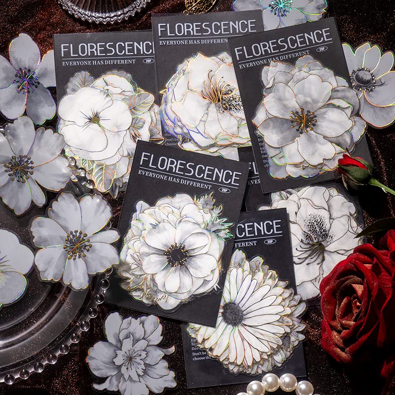 YOKSAS 120pcs White Flower Scrapbook Stickers Pack, Clear Floral PET Decals with Gold Foil Outline, Vintage Roses Lilies Daisies Peonies Sticker Set for Journaling, Planners, Cards Making, Crafts - Image 1