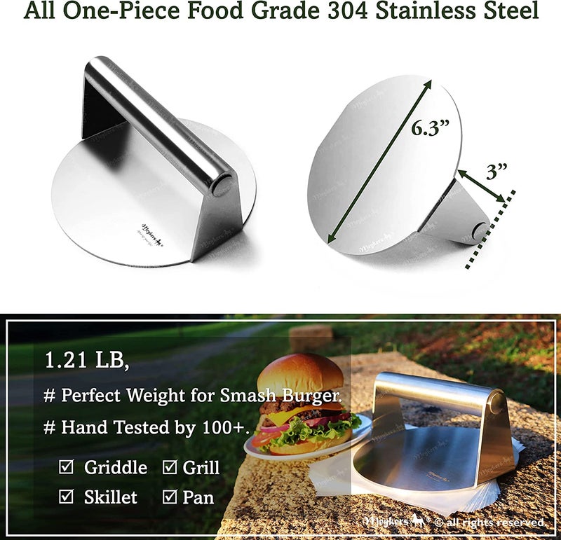 Meykers Smash Burger Press 6.3” Burger Smasher | for Griddle Grill Pan Skillet | Weight Gain Flat Presser Smashburger Maker 304 Stainless Steel | Meat Bacon Sandwich Panini | Tool Kit for BBQ Lover - Image 3
