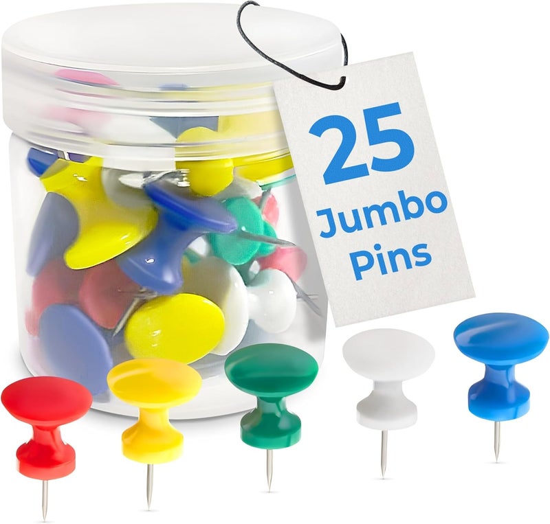 CraftyCrocodile 25 Giant Push Pins  Green White Yellow Blue Red Jumbo Tacks with Plastic Heads  Steel Points for Cork Board and Thick Papers - Image 1
