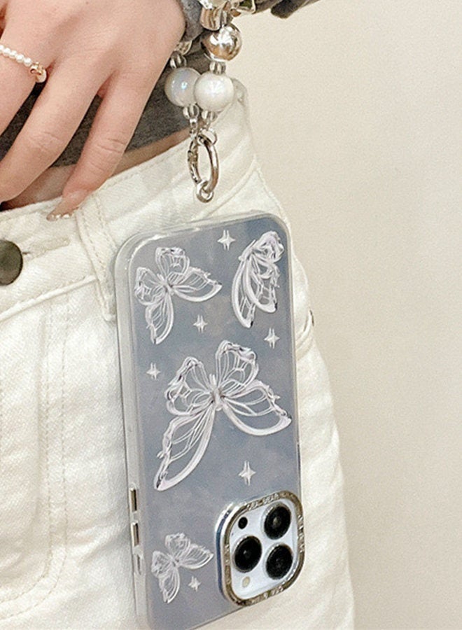Case for iPhone 16 Pro Max with Cute Butterfly，Sparkly Pearl Wrist Strap，Bling Shockproof iPhone 16 Pro Max Cover，Portable iPhone Cover for Women&Girls Gift - Image 3
