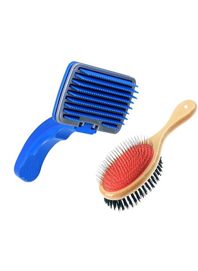 طقم العناية - فرشاة خشبية ذات رأس بيضاوي مزدوج الجوانب + فرشاة بلاستيكية ذات رأس مستطيل مع مفتاح ضغط بحجم كبير | مناسبة للكلاب والقطط من جميع أحجام السلالات - Image 1
