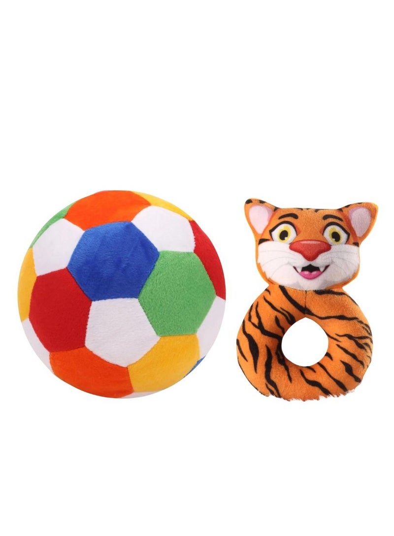 ALLKING Baby soft soccer | football | plush toy ball (5 Inches/13cm) And Cat Face Rattle Cum Soft Toy Ring – Orange (Combo Pack) - Image 1