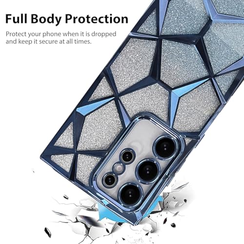 VONZEE Gradient Glitter Clear Case for Samsung S25 Ultra, Luxury Electroplated 3D Cube, Diamond Bling Shiny Soft TPU Clear Shockproof Women Girls Protective Phone Cover (Sierra Blue) - Image 3