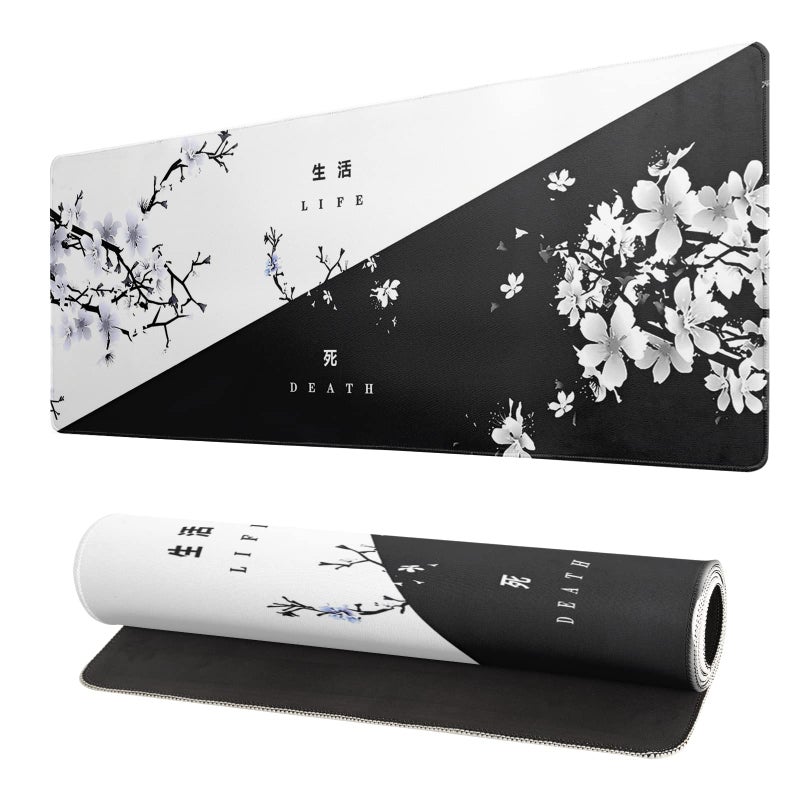 Siski Black and White Japanese Cherry Blossom Gaming Mouse Pad Sakura Death Life Flower Mat 315x118 Inch Texture NonSlip Rubber Base Mousepad Stitched Edges Keyboard Desk Pad for Office Home Game - Image 2